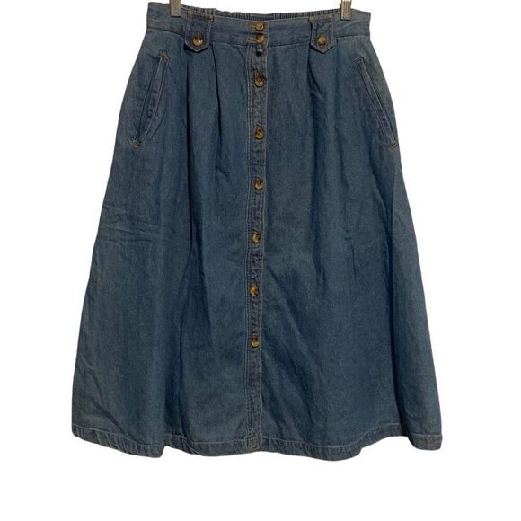 Vintage Allison Smith Button Front Pleated Denim Midi Skirt Blue Size 14P - Picture 1 of 8